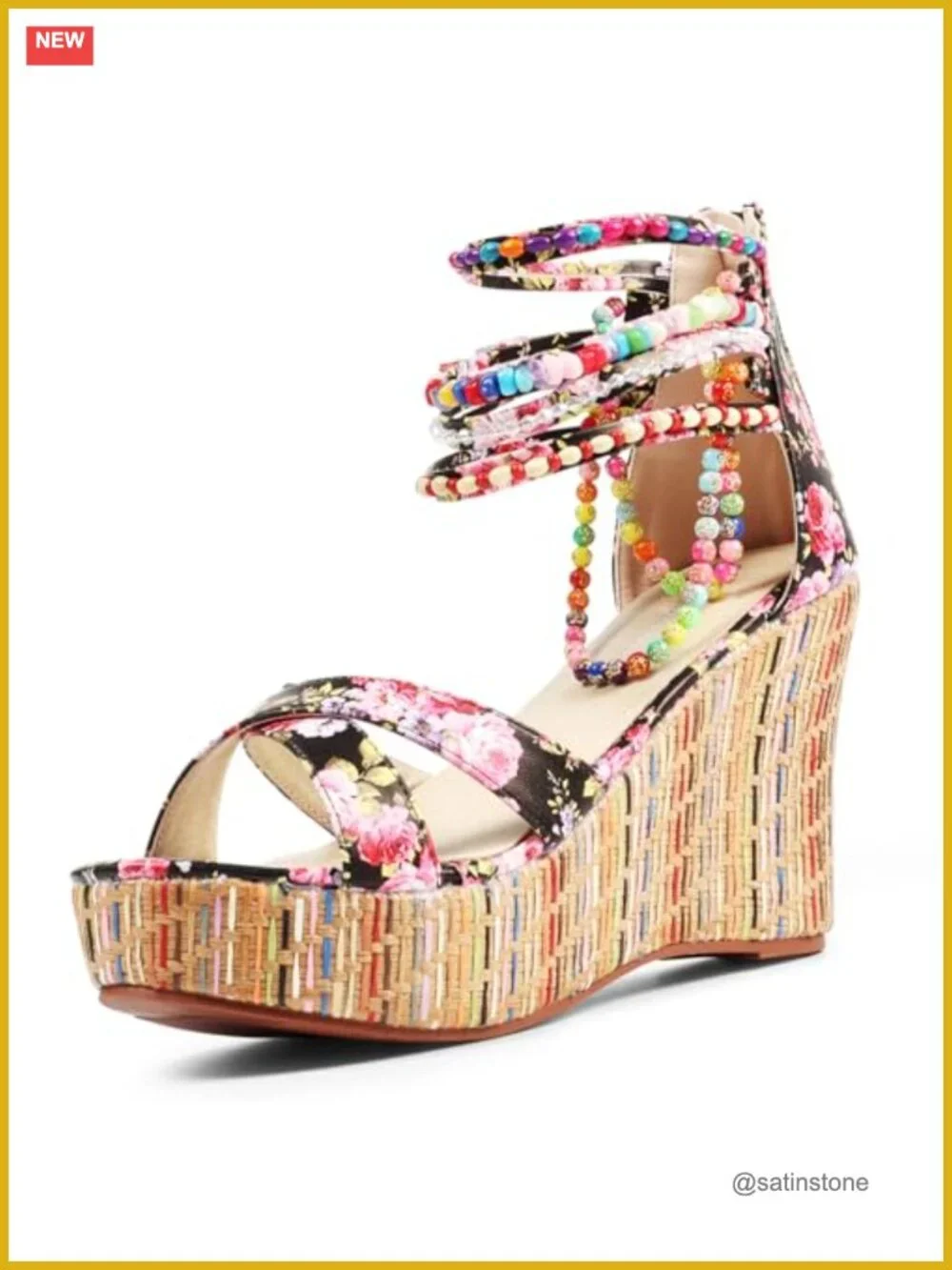 Wedge Sandals with Pearls Across Top Platform High Heels Back Zipper Open Toe